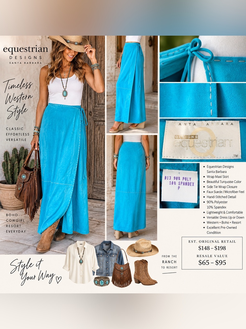 Vintage Equestrian Designs Turquoise Faux Suede Wrap Maxi Skirt Western SZ S